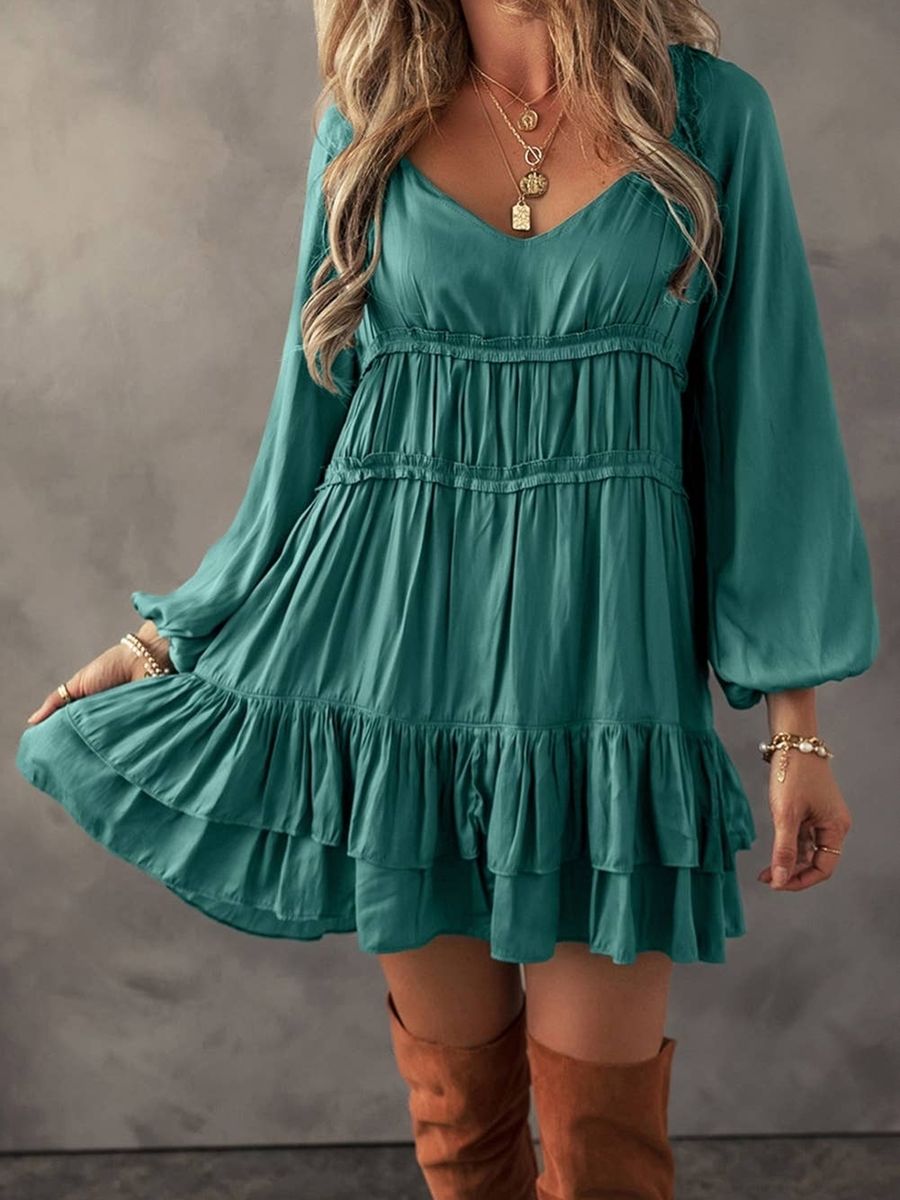 Teal V-Neck Ruffled Long-Sleeve Mini Dress